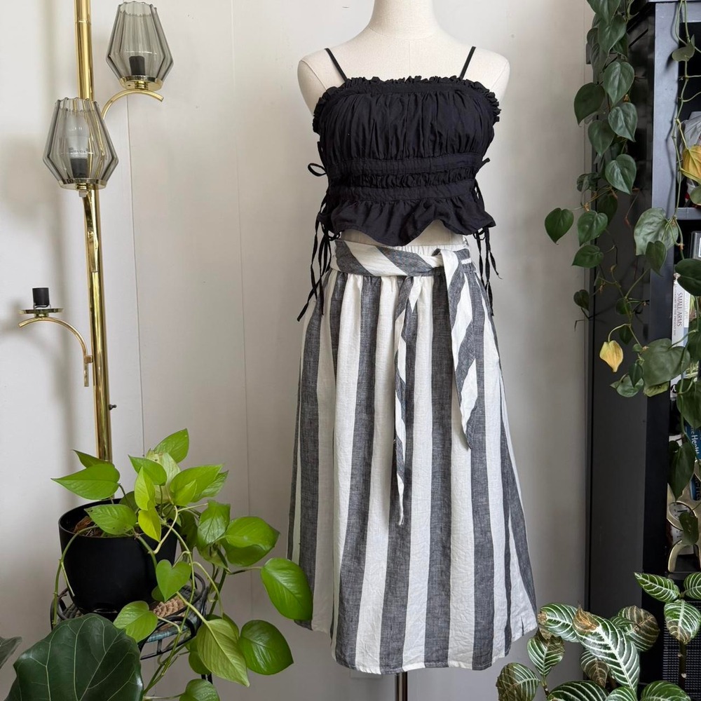 Catherine Malandrino Linen Striped Midi Skirt Gray White High Waist Tie Belt M